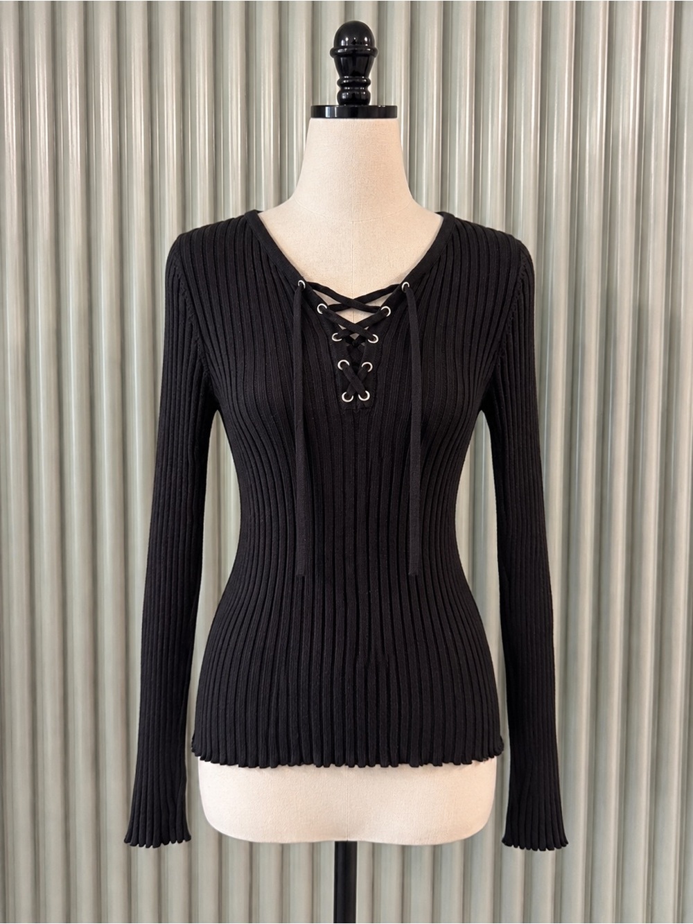Aqua Black Ribbed Lace-Up V-Neck Sweater